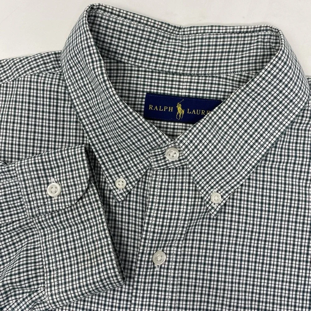 Ralph Lauren Button Down Shirt Mens 17.5 Blue White Check Cotton Long Sleeve‎